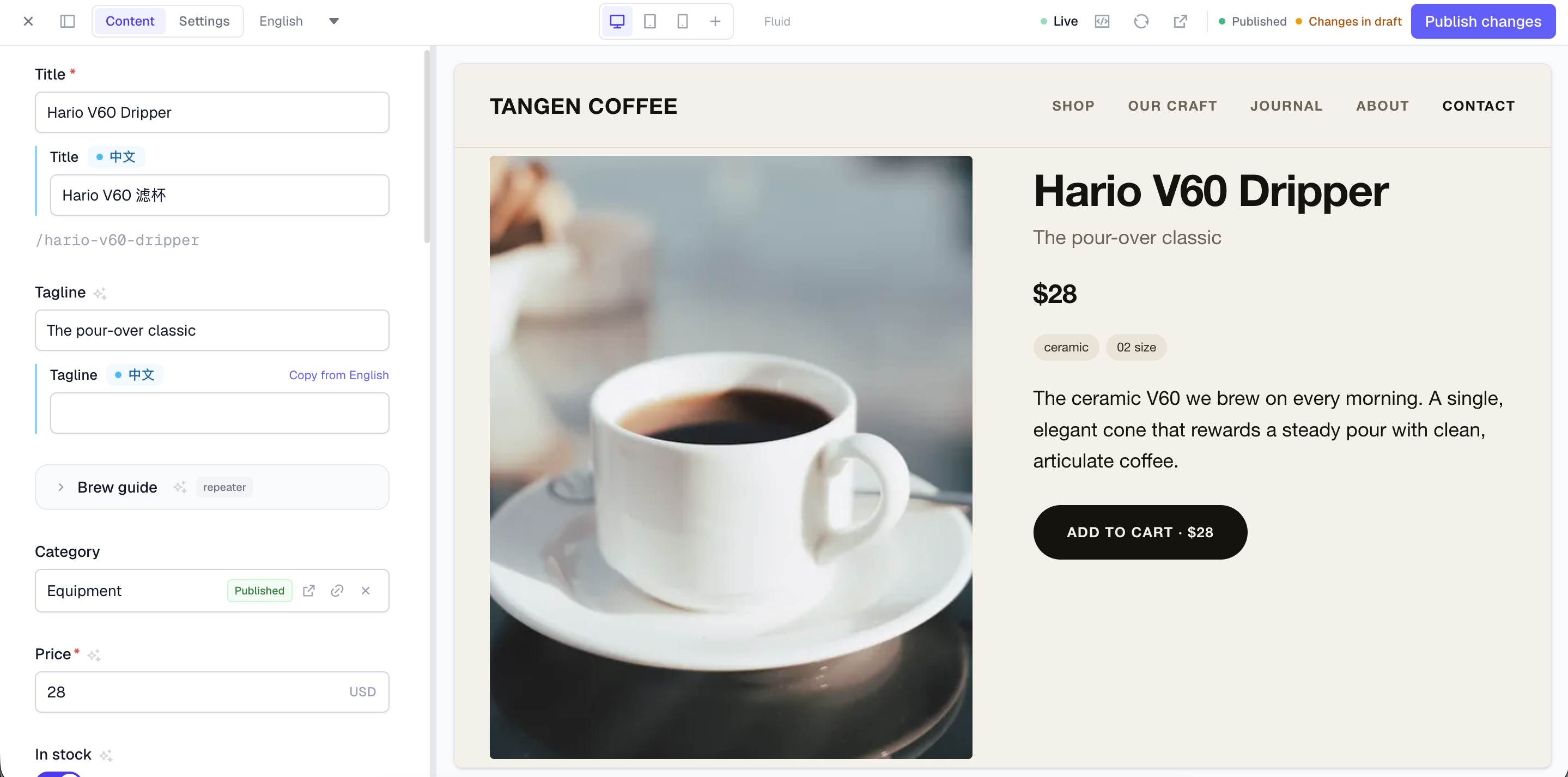 Live preview, a draft rendering on the real site as you edit